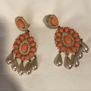 Pair of Kenneth Jay Lane coral, rhinestone and pearl drop earrings.